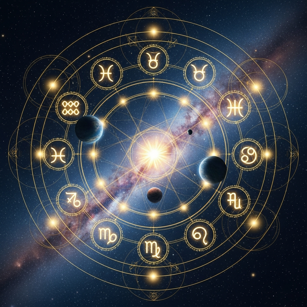 Astrological symbols with cosmic background.